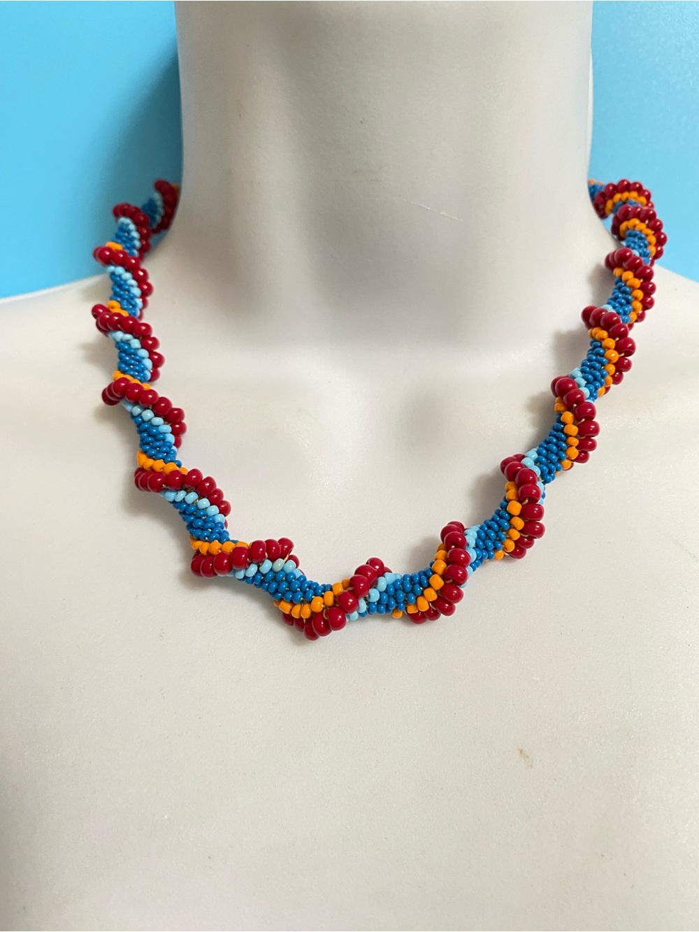 Multicolored Seed Beads Spiral Twist Woven Boho Necklace 17”